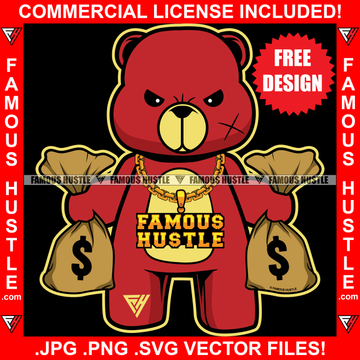 Free Rich Hustle Teddy Bear Gold Chain Necklace Chain Jewelry Two Money Bags Hip Hop Rap Rapper Plug Trap Street Hood Ghetto Swag Thug Hustler Hustling Drip Boss Famous Hustle Art Graphic Design Logo T-Shirt Print Printing JPG PNG SVG Vector Cut File